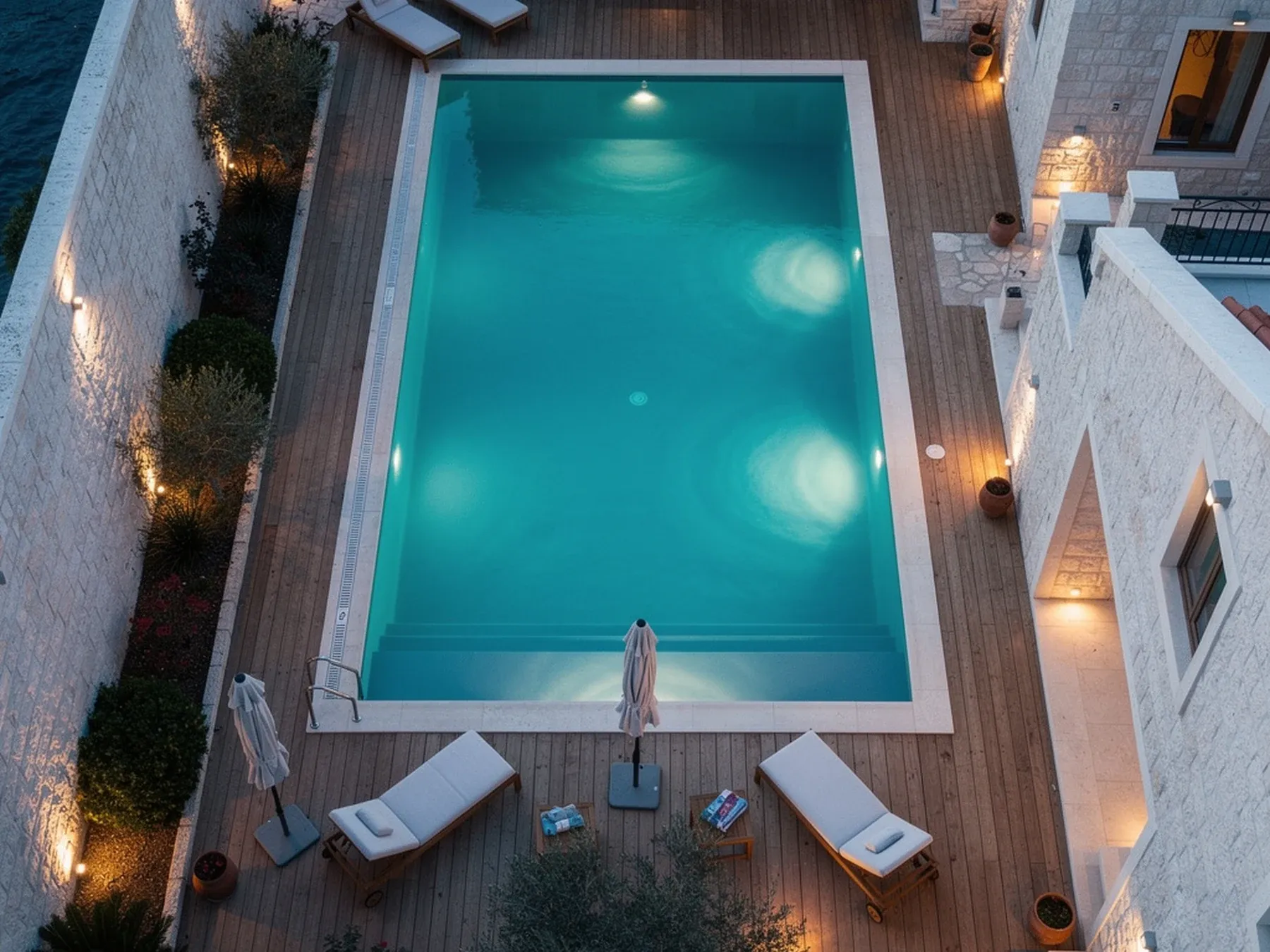 An illuminated courtyard swimming pool viewed from above at dusk, surrounded by stone walls and sun loungers.
