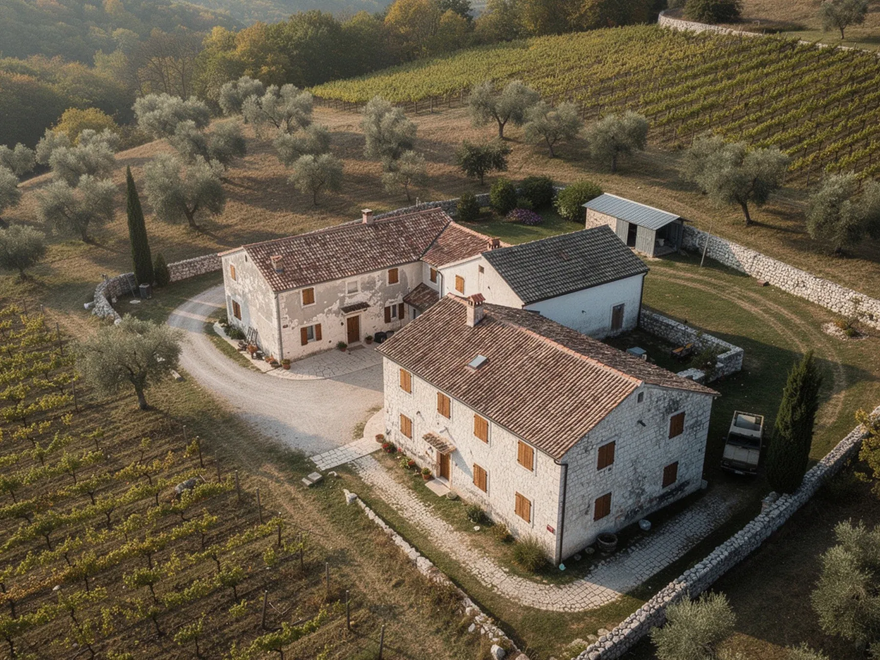 An aerial view of a rural stone estate surrounded by vineyard rows, olive trees and dry-stone walls.