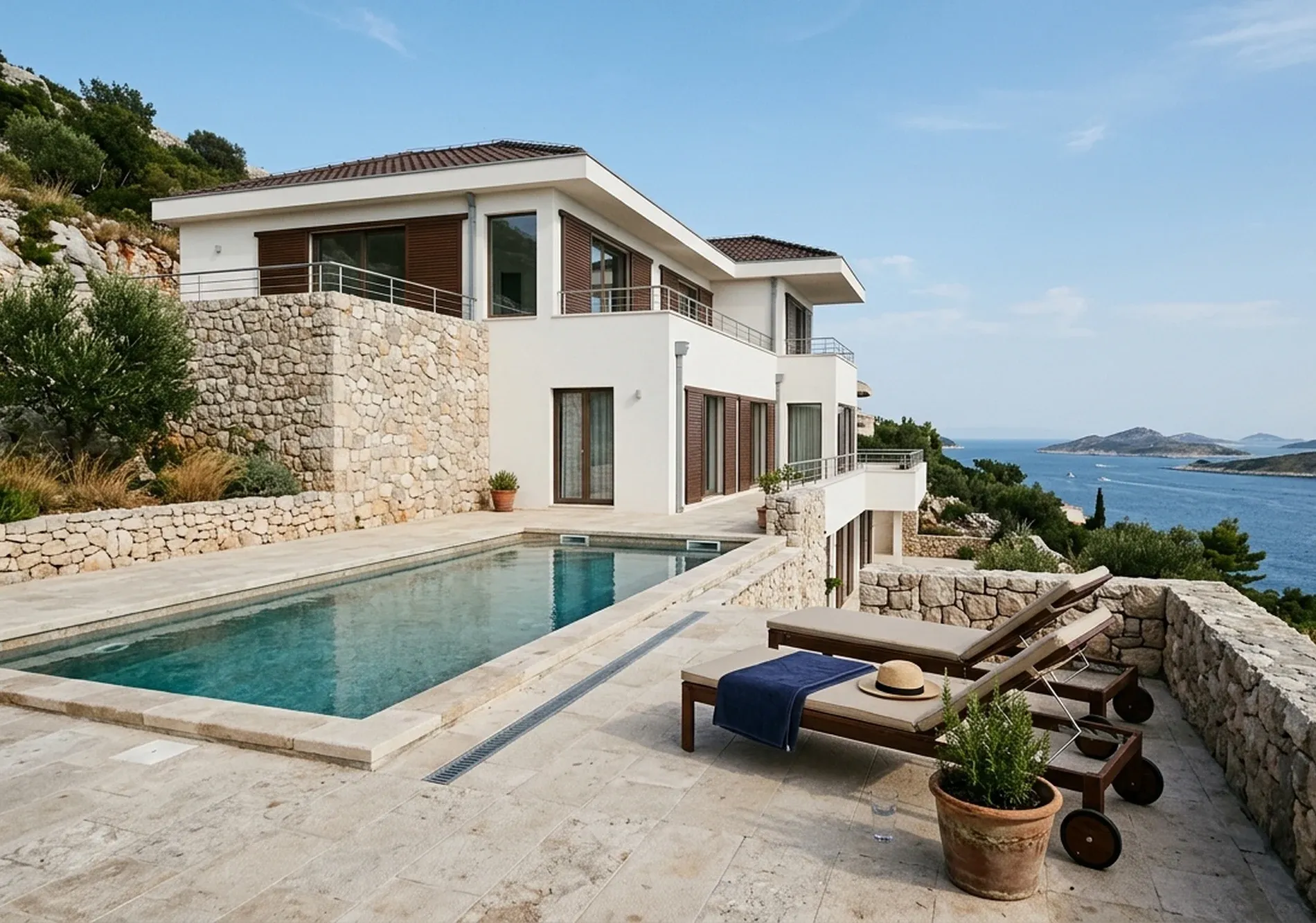 A modern white hillside villa with a private pool, dry-stone terraces and an open view across the sea.