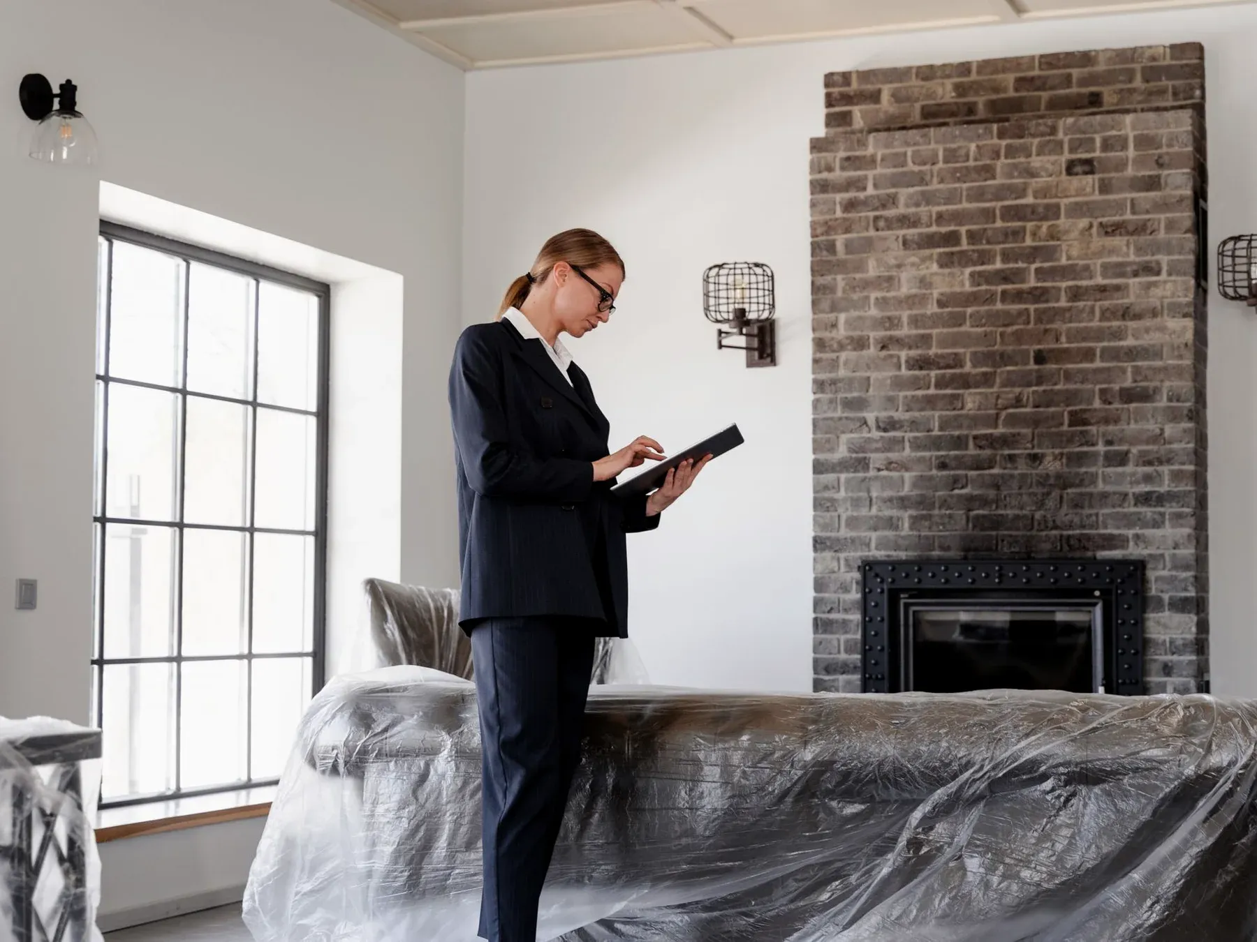 An inspector documenting the condition of a protected room during building work.