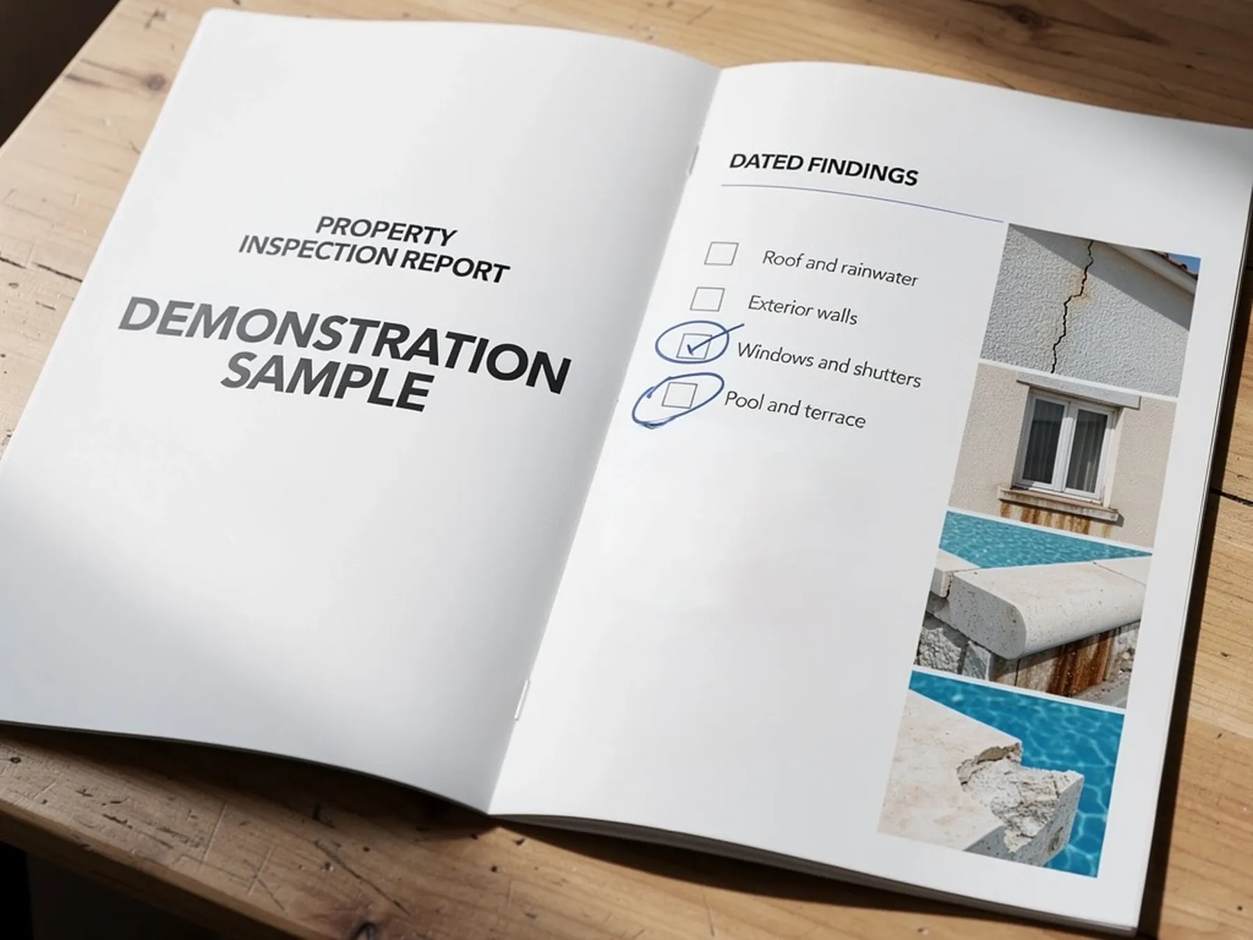 An open demonstration property inspection report with dated findings, checklist marks and photographs of exterior defects.