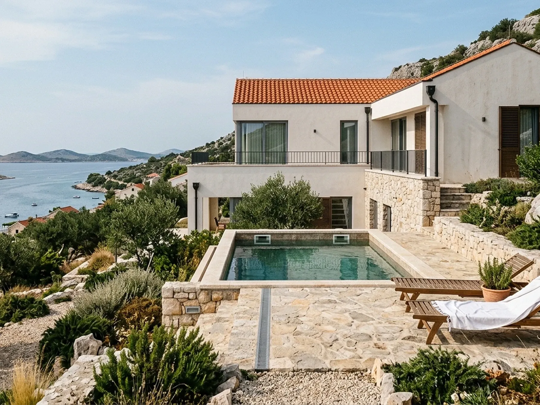 A white hillside villa with a terracotta roof, stone terraces and a private pool overlooking the sea and islands.