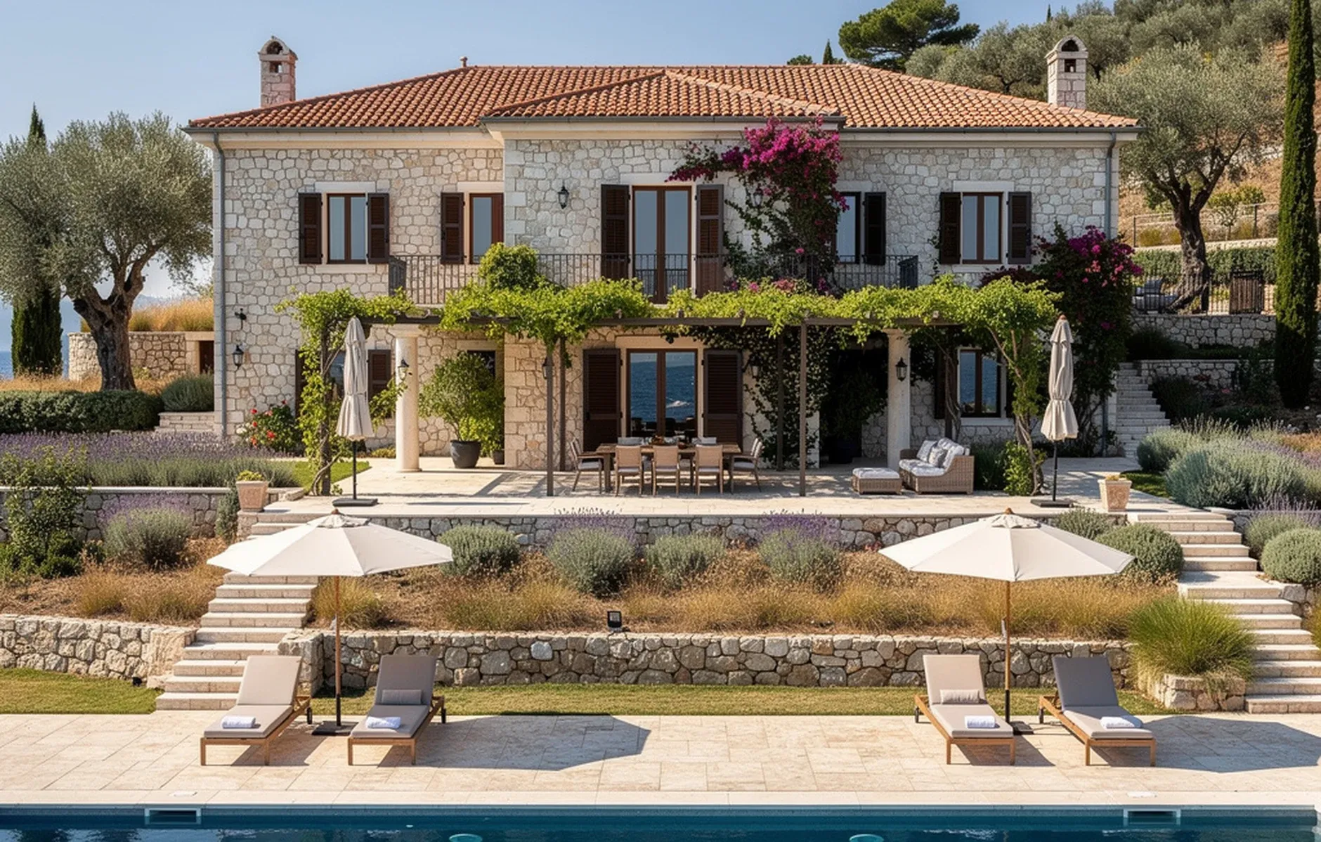 A symmetrical stone villa with terracotta roofs, flowering vines, garden terraces and a swimming pool.